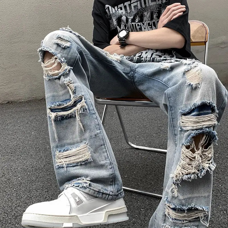 European and American High Street Spring and Autumn Vintage Destruction Washed Straight leg Jeans Couple Hip Hop Casual Pants