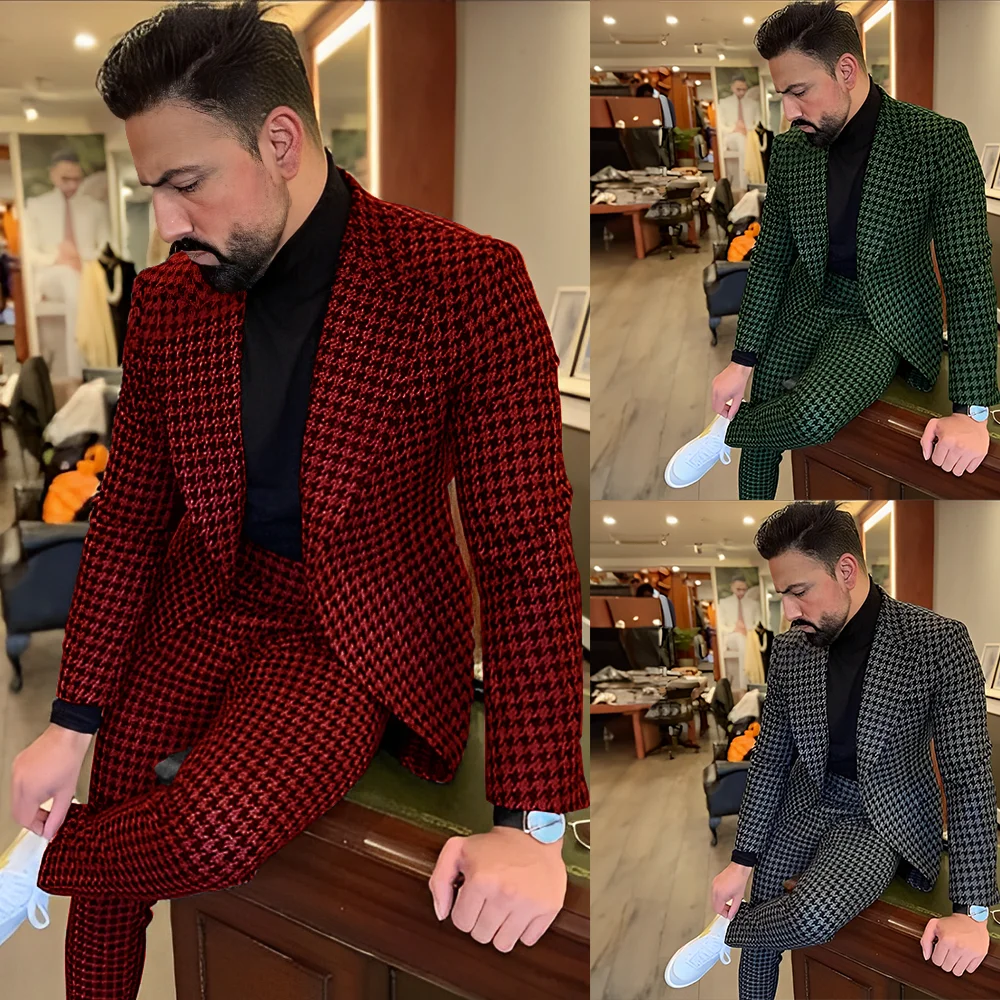 Houndstooth Men's Slim Fit Suit 2-piece Set Winter Wool Blazer Pants Wedding Groom Tuxedo Men's Workwear Outfit