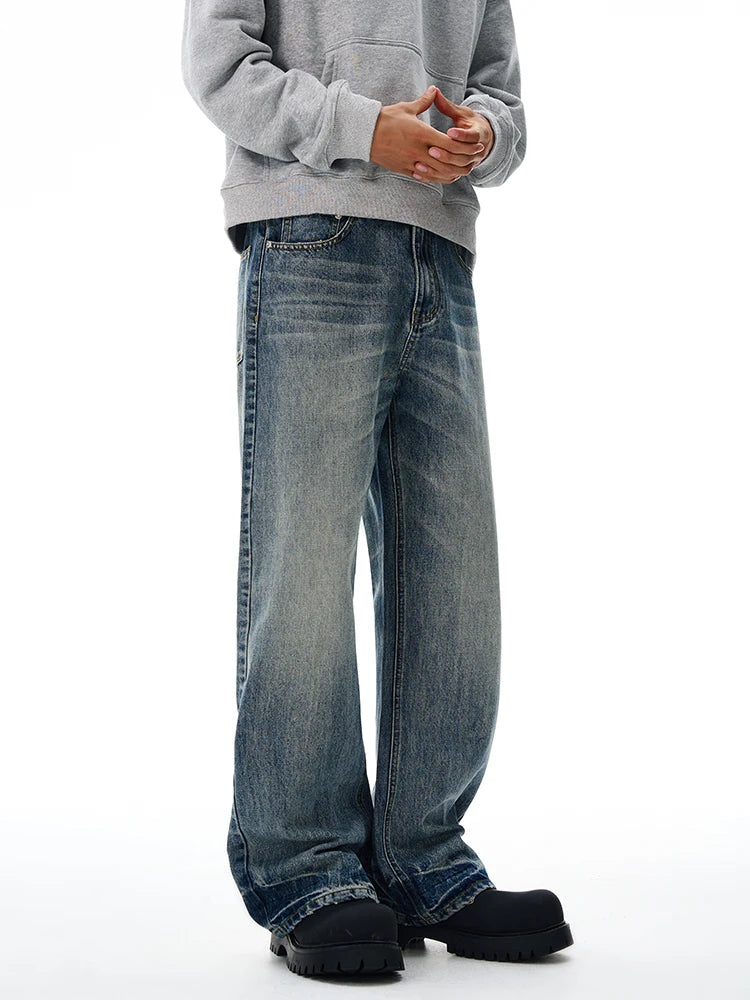 Vintage Wash Men's Loose Jeans American Cleanfit High Street Micro Flared Trousers Autumn Fashion Casual Wide-leg Denim Pants