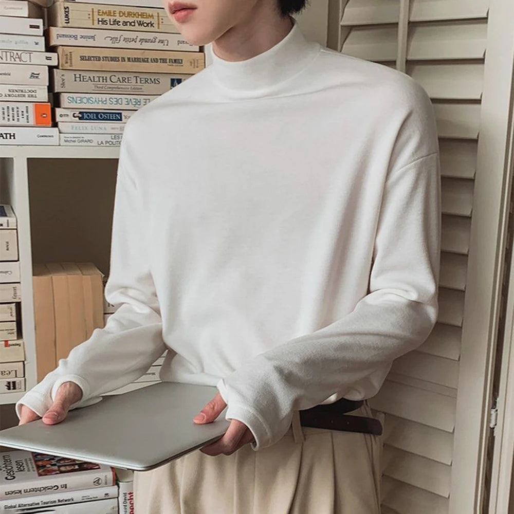 Korean Street Fashion Half Turtleneck Solid Color Long-Sleeved T-Shirt Mens Autumn Winter Pure Cotton Casual Bottoming Shirt Men