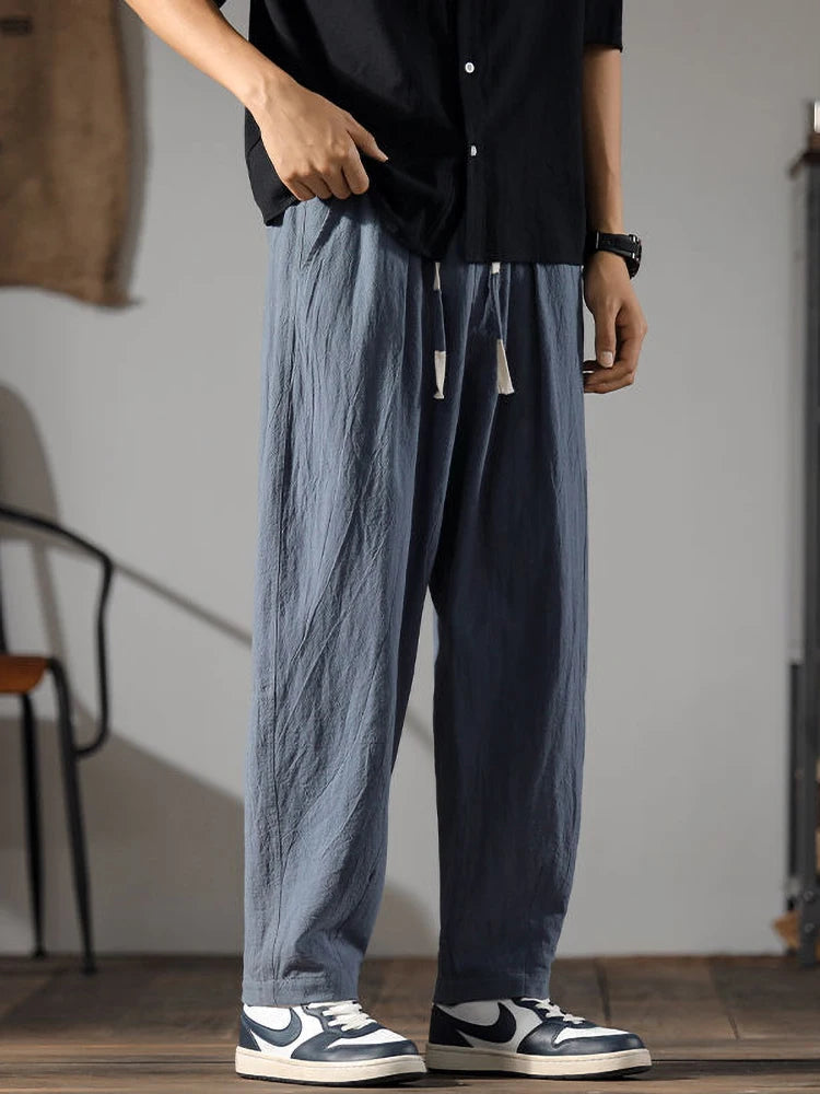 Japenese Cotton Linen Pants Men Summer Straight Casual Ice Silk Sweatpants Male Wide leg Oversize Linen Trousers New