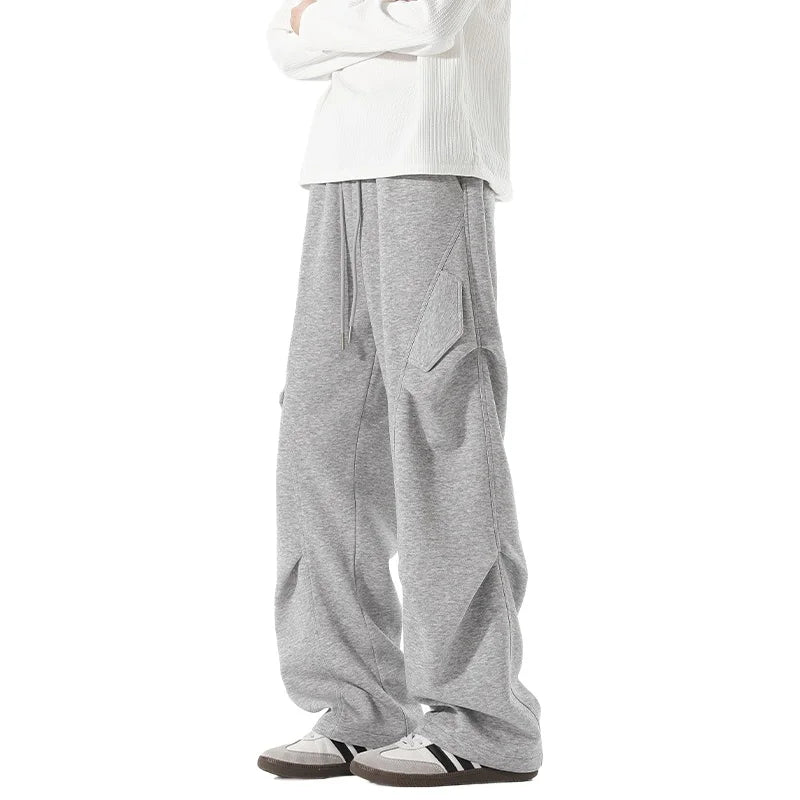 Mens Casual Pants Loose Fit Joggers Patchwork Pleated Trousers Trendy Elastic Waist Outdoor Sports Streetwear Hip Hop Trousers
