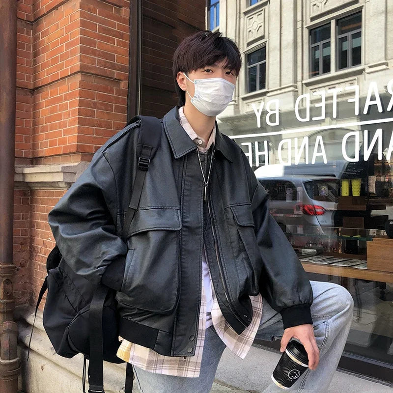 Mens Jacket Japanese Style Autumn Daily Casual Rib Sleeve Warm Streetwear All-match Outerwear Solid Color Multi Pockets Retro