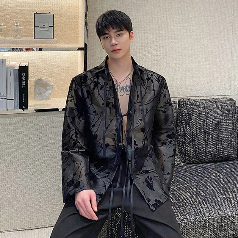 Chinese Style Men's Shirts Autumn Jacquard Turn-down Collar Long Sleeve Lace-up Trend Male Thin Sun-proof Top