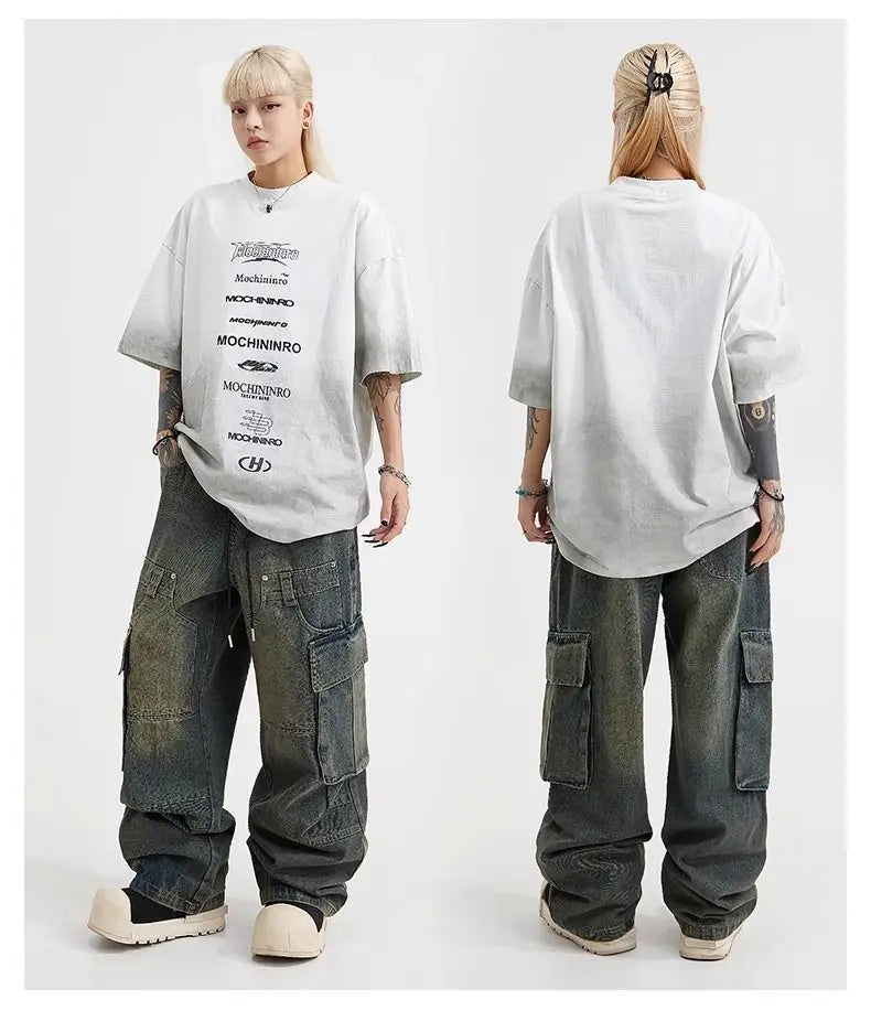 Spring High Street Men and Women Trendy Elastic Belt Work Clothes Jeans Couple Straight Tube Loose Water Washed Casual Pants y2k