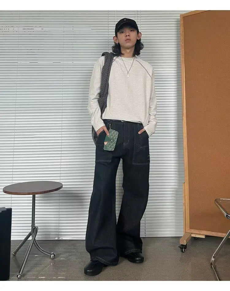 JEANS MEN Black Straight Leg Mens Jeans Novel Pocket Design Front Patch Denim Pants Trendy Fashion Casual Trousers Hot Sale 2025