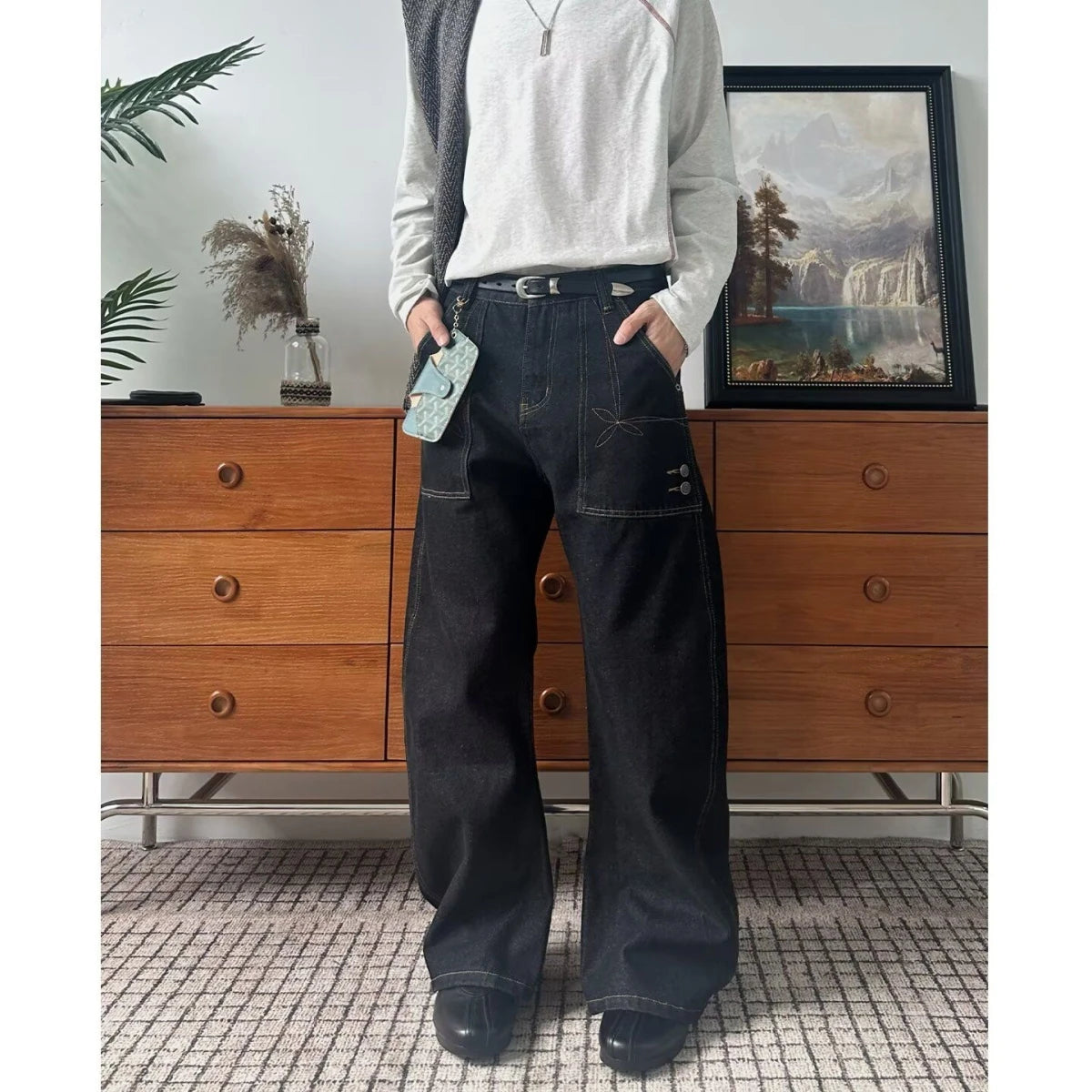 JEANS MEN Black Straight Leg Mens Jeans Novel Pocket Design Front Patch Denim Pants Trendy Fashion Casual Trousers Hot Sale 2025