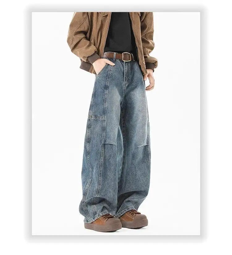 Hip hop personality trend men and women straight leg washed jeans American couple loose retro curved knife casual pants y2k