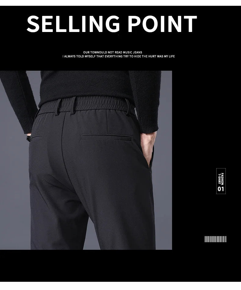 Winter Warm Fleece Men's Business Casual Pants Stretch Slim Fashion Korean Thermal Trousers Classic Simple Male Plush Clothes
