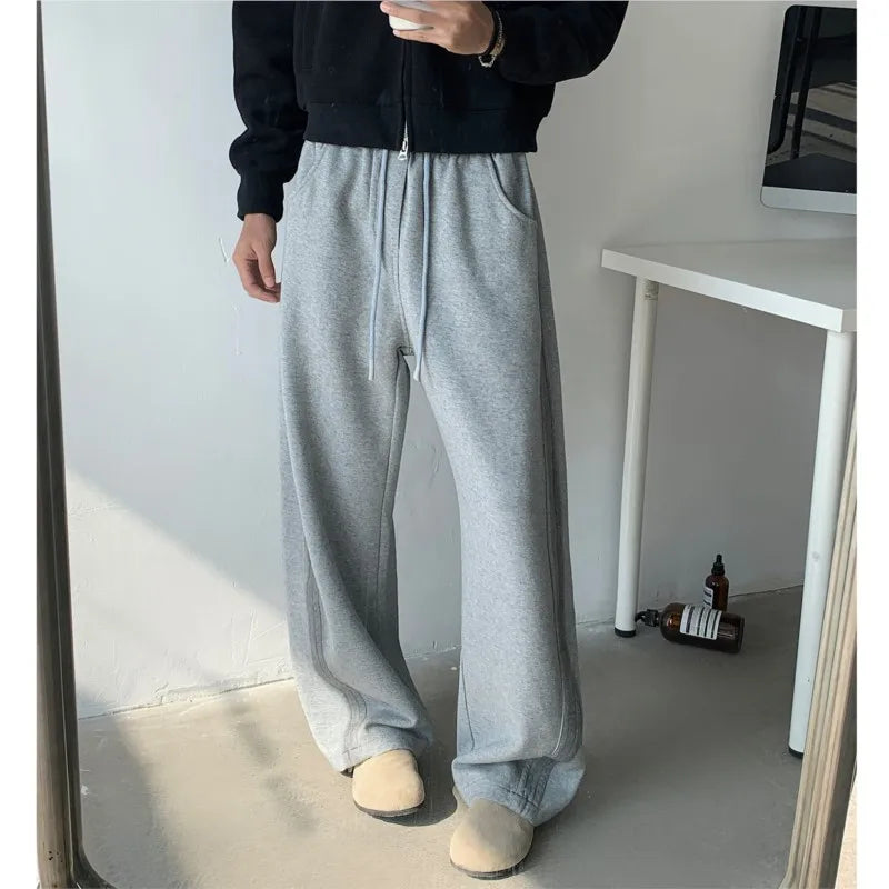 New Men's Tie-dye Fleece Casual Pants Side Striped Wide Leg Straight Sweatpants Neutral High-quality Long Baggy Trousers Sport