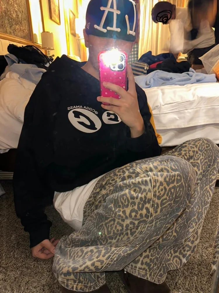 Y2k Leopard Jeans Pants Men Oversized Panther Print Jean Wide Leg Pant Fashion Trendy Retro Loose Man Hipop Baggy Jean Trousers