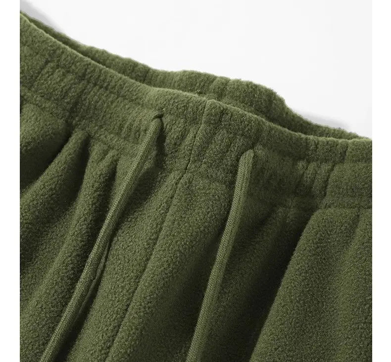 Double-sided Fleece! Retro Military Green Straight-leg Pants Women Loose Thickened Warm Drawstring Casual Wide-leg Pants Men