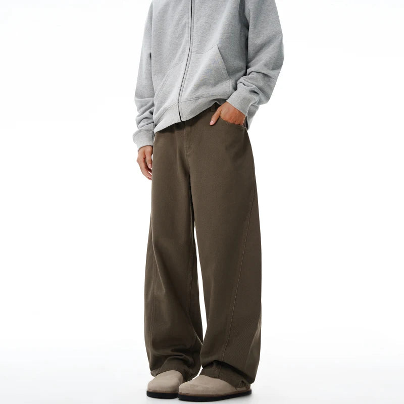 100% Pure Cotton Wide-leg Pants Men's Autumn New Oversized Comfortable Loose Casual Trousers Brown White Fashion Streetwear
