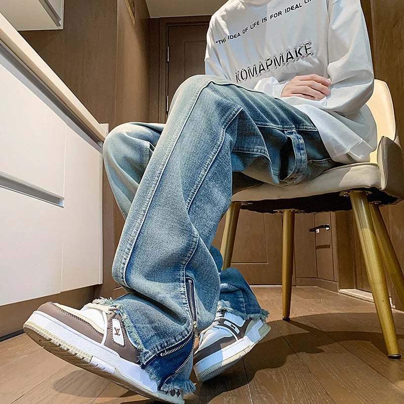 Autumn jeans men New Fashion Side Zipper Casual Jean Pants Men High Street Loose Straight Pant Mens Vintage All-match Trousers