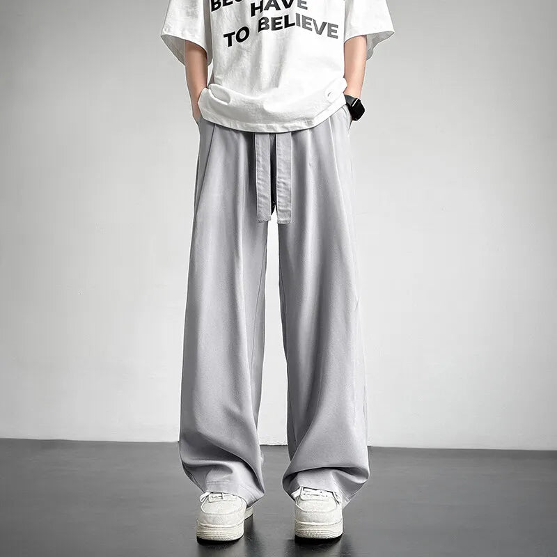 Men's Casual Straight Long Loose Pants Stretch Elastic Waist Jogger Korean Classic Blue Black Gray Male Brand Trousers Plus Size