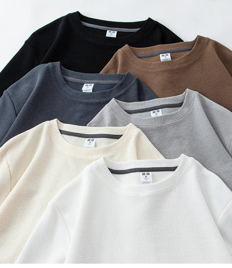 260G Men's Autumn Heavyweight Premium Waffle Basic T-shirt Long Sleeve Simple Solid Color Delicate White Tees Casual Daily Tops