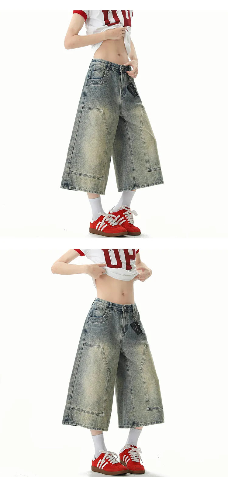 Jeans Men Washed Denim Cropped Pants Patchwork Design Summer Cool Wide Leg Breathable Jeans Casual Fashion Lightweight Trendy