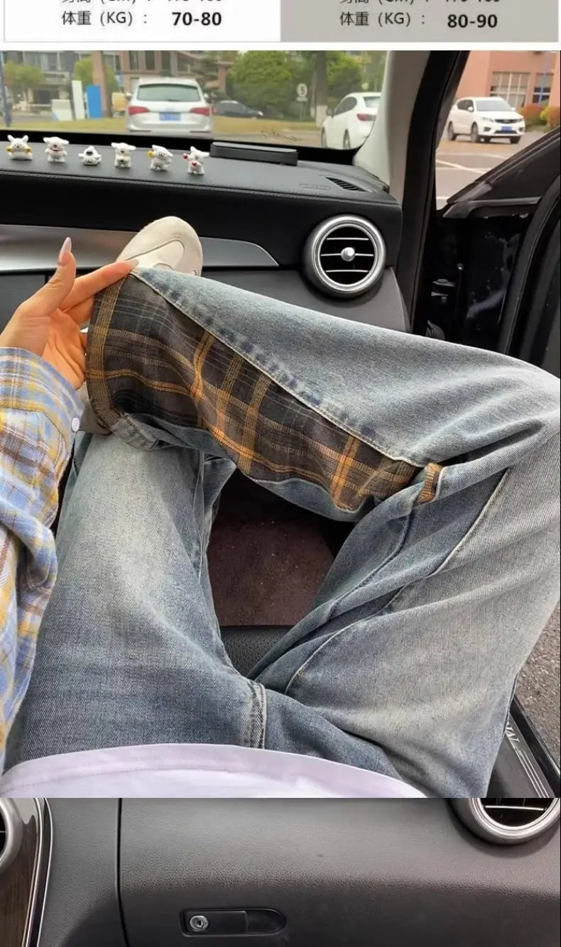 Trendy hip-hop men and women trendy personality checkered splicing straight leg jeans for couples loose retro casual pants y2k