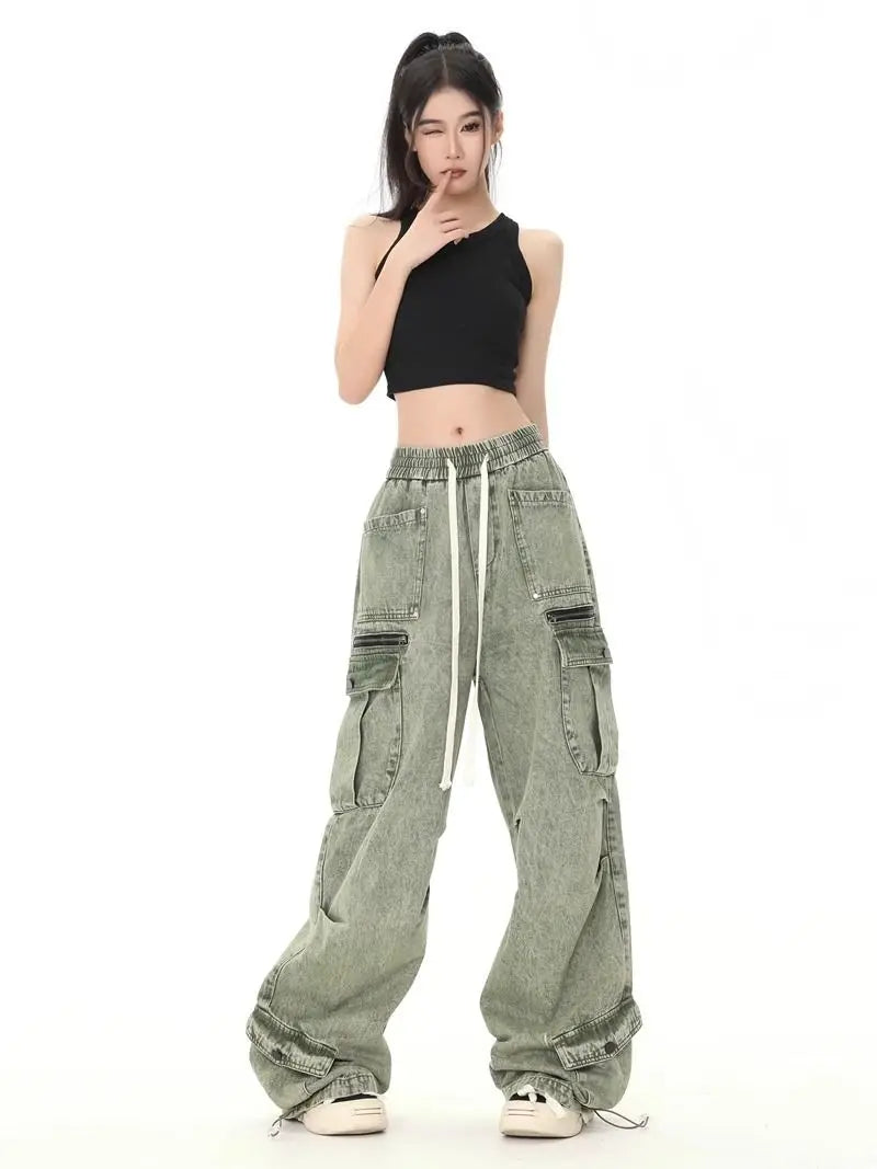 Hip hop retro high street men and women trendy personalized washed workwear jeans for couples loose straight leg casual pants