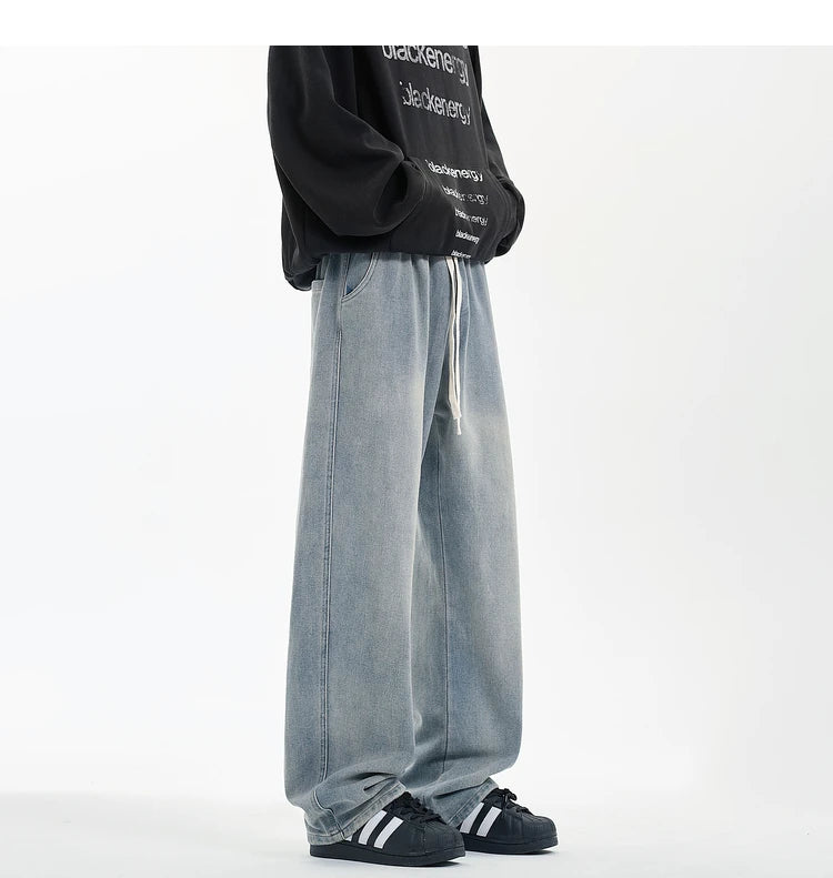 New Men's Jeans Washed Jeans Pants Unisex Drawstring Denim Pants Male Streetwear Korean Straight cylinder loose Cowboy Trousers