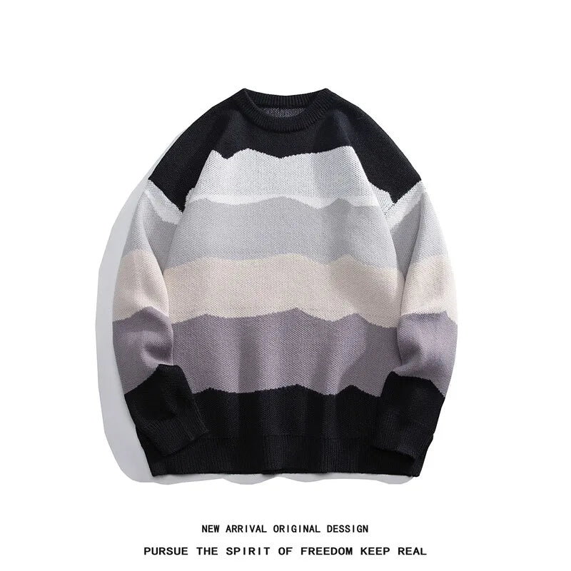 Autumn Winter Striped Patchwork Sweater Men Streetwear High Quality Mens Casual Loose Sweaters Warm Knitting Pullovers Men