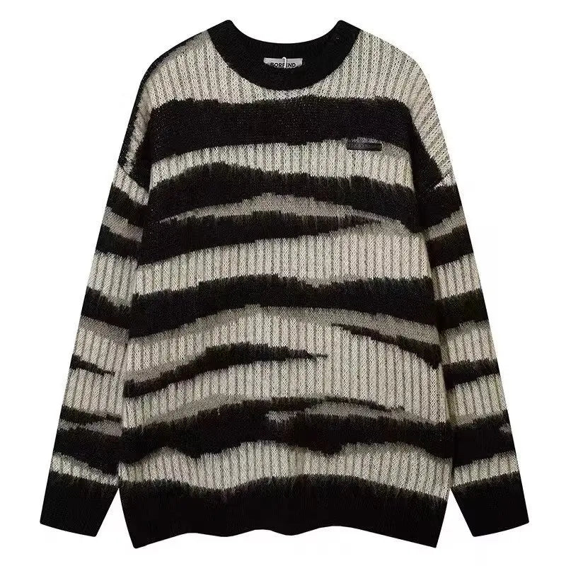 Plush Pullovers Men Autumn Winter Striped Fashion High Street Slouchy Loose Couples Knitted Sweater Y2k Harajuku Warm Outwear