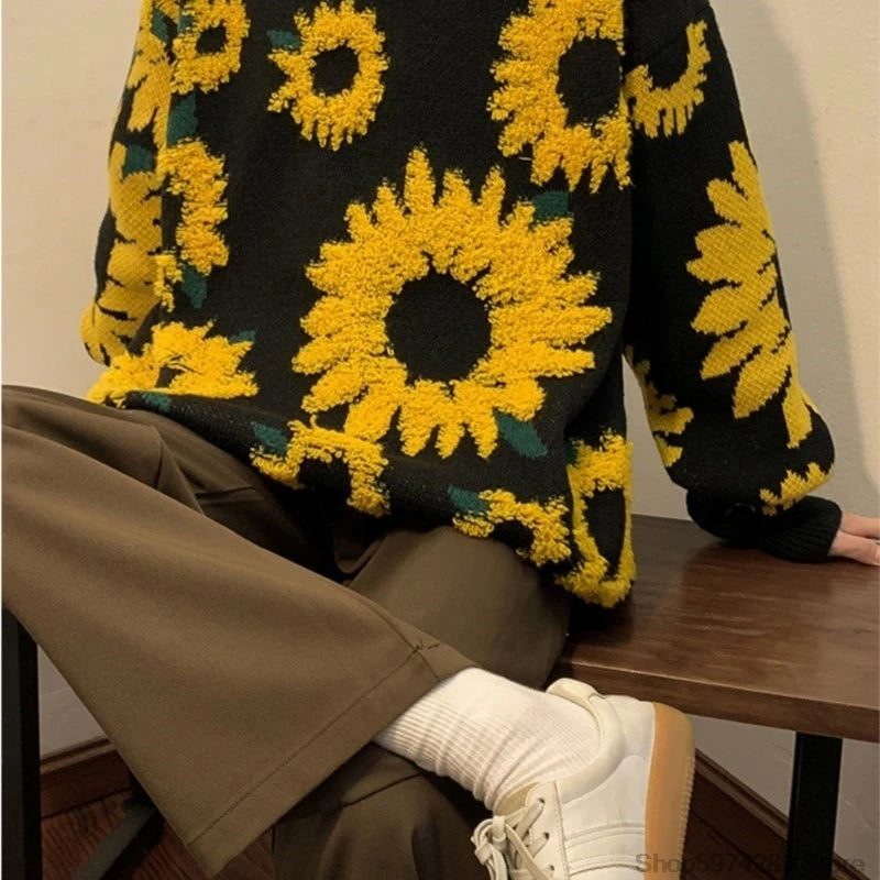 Sweater Winter Sunflower Warm Baggy Fashion Male O-Neck big Pullovers Sweater Men Loose Casual Sweater Thick Knitted Unisex