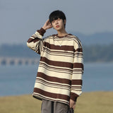 Striped T-shirts Men Advanced Slouchy O-neck Long Sleeve Japanese Style Vintage Baggy Casual Clothing Autumn Fashion Harajuku