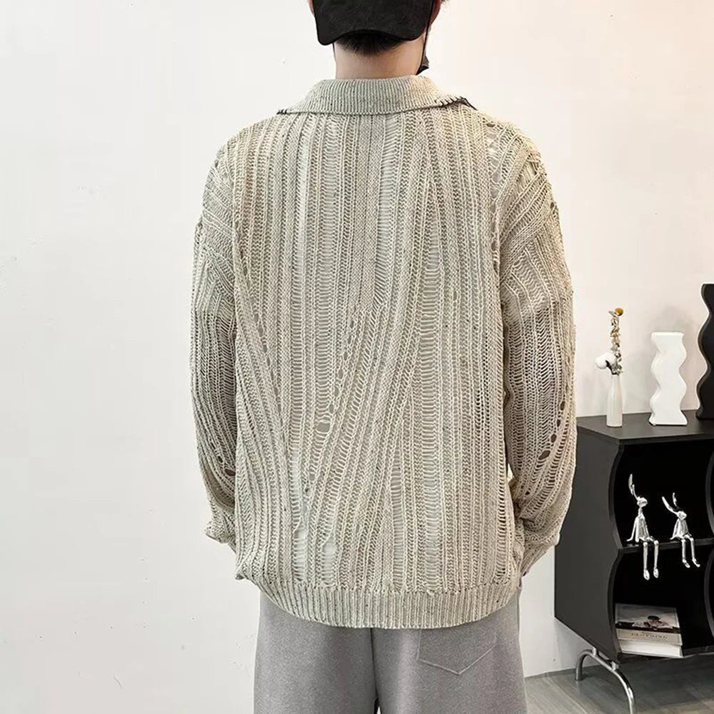Fashion Casual Lazy Style Hole Knitted Sweater Cardigan Men Autumn And Winter Trend High-End American Street Retro Y2k Jacket