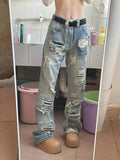 Summer American men and women street personality straight tube destructive jeans for couples loose retro washed casual pants y2k