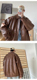 Autumn Street Trendy PU Leather Jacket Casual Textured Locomotive Zipper Turn-down Collar Solid Color Long Sleeve Men's Coats