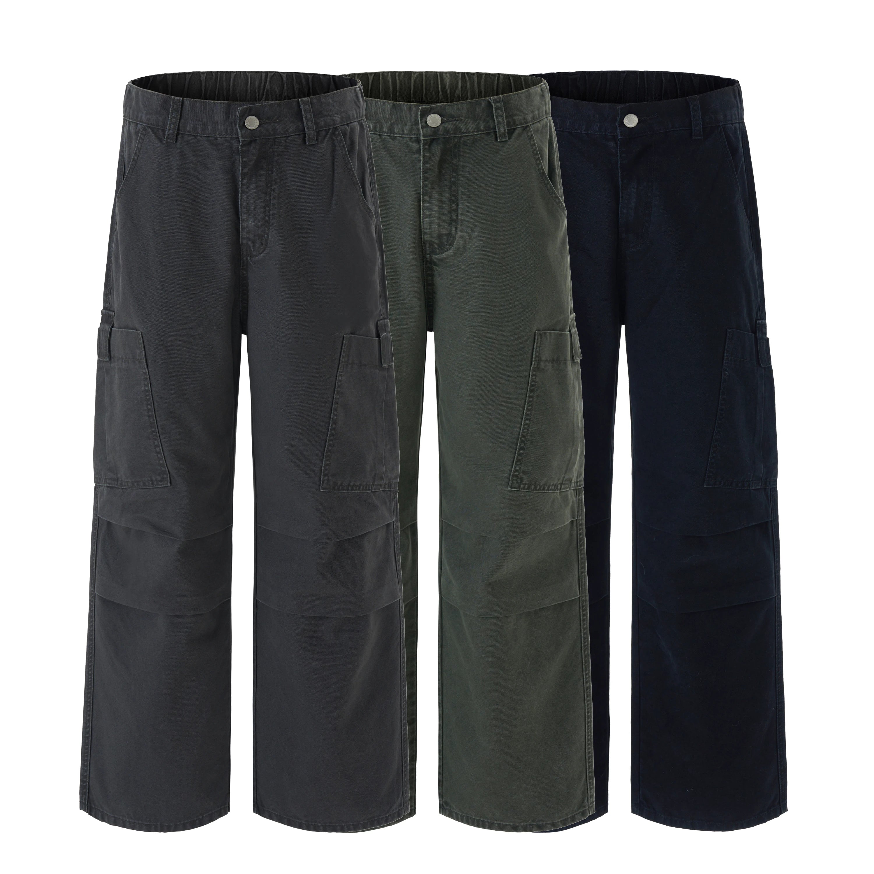 American Loose Straight Cargo Pants Men's Fashion Streetwear 100% Cotton Vintage Large Pocket Loose Casual Wide-leg Trousers