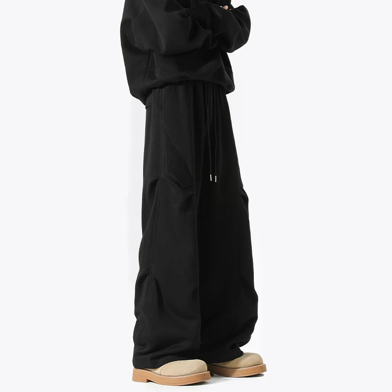 Mens Casual Pants Loose Fit Joggers Patchwork Pleated Trousers Trendy Elastic Waist Outdoor Sports Streetwear Hip Hop Trousers