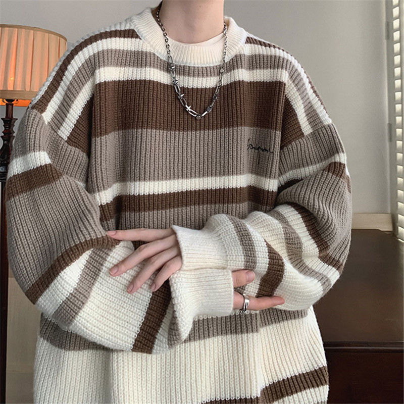 Autumn Winter New Round Neck Long Sleeve Embroidered Sweater Men Fashion Contrast Color Striped Loose Casual All-match Tops