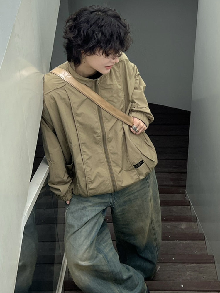 Spring Jackets Men Rib-sleeve Design Sun-proof Chic Unisex Loose Simple Japanese Style Males Outwear Basic Stand Collar Harajuku