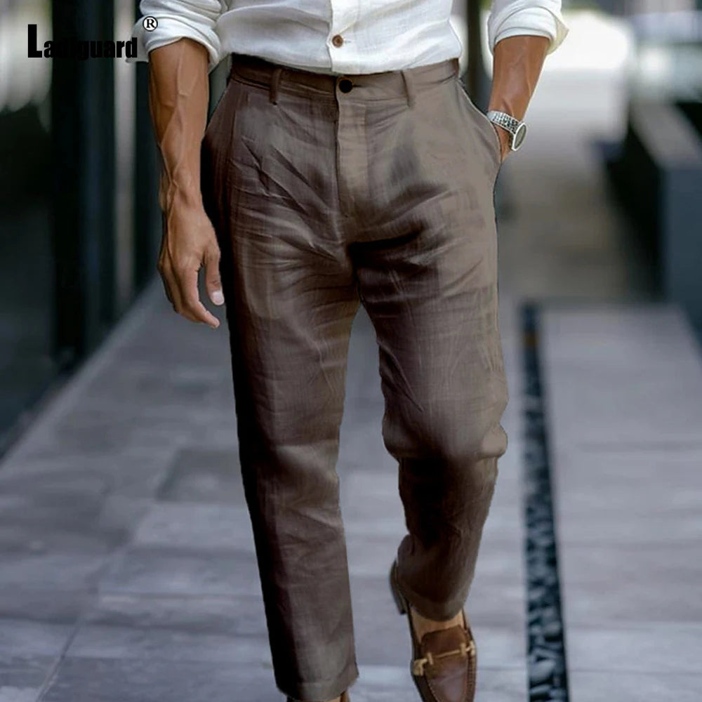 2025 Men's Stand Pocket LInen Beach Pants Solid White Trouser Plus Size Mens Casual Straight Pants Male Ankle-Length Bottoms New