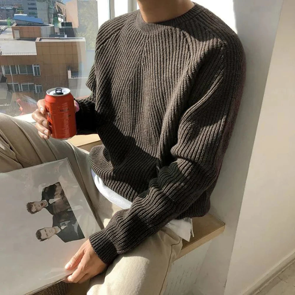 Mens Autumn Winter Korean Style Loose Round Neck Knitted Sweater Gender-Neutral Trendy Casual Solid Color Simple Sweater Unisex