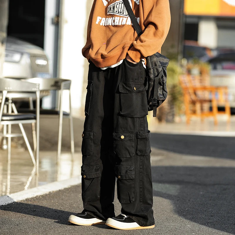 Japanese Multi-pocket Work Pants Men's Autumn Trendy Loose Straight Casual Pants Hip-hop Retro Design Trousers Aesthetic Chic
