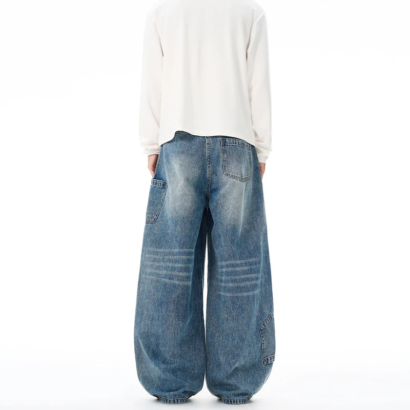 Multi-pocket Loose Wide-leg Jeans Men's Cotton Vintage Washed Denim Pants Hip-hop Fashion Y2K Streetwear Autumn Casual Trousers