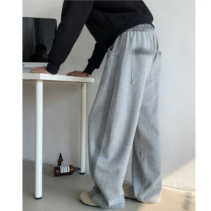 New Men's Tie-dye Fleece Casual Pants Side Striped Wide Leg Straight Sweatpants Neutral High-quality Long Baggy Trousers Sport