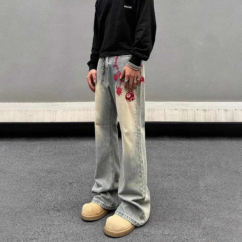 American retro men and women trend personalized embroidered straight leg washed jeans couple spring and autumn casual pants y2k