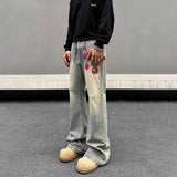 American retro men and women trend personalized embroidered straight leg washed jeans couple spring and autumn casual pants y2k