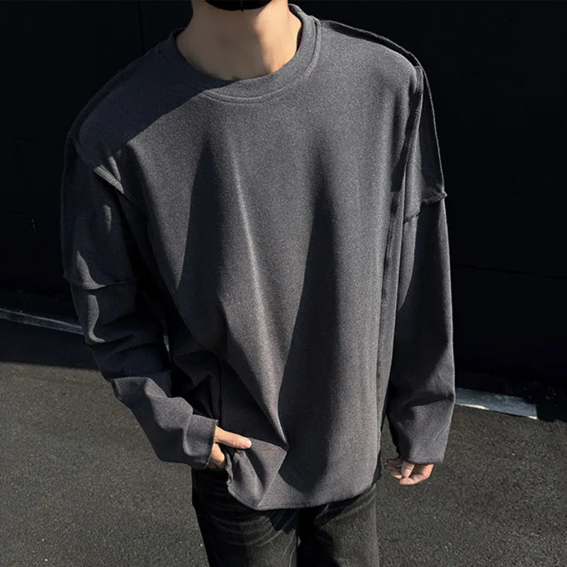 Simple Men's T-shirt Solid Color Long Sleeve Round Collar Niche Design Male Pullover Top Autumn Winter Tees