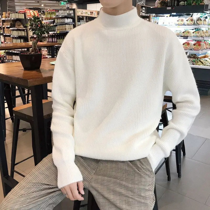 Autumn Winter New Fashion Long Sleeve Half High Collar Solid Pullovers Men's Clothing All-match Knitting Korean Simplicity Top