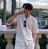 Korean Lazy Style V-neck Cardigan Short-sleeved T-shirt Men's Summer Straight Floor Pants Comfortable Casual Sports Joggers Set