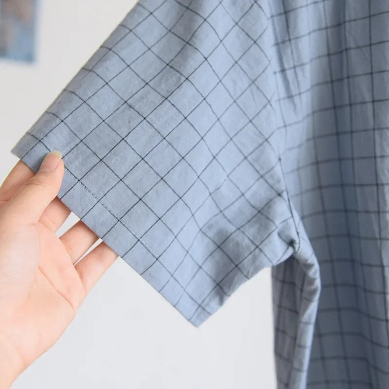 Men's Trousers Pajamas Set for Spring and Summer Thin Plaid Design Cotton Fabric Short Sleeved Long Pants Home Men Pyjama Set