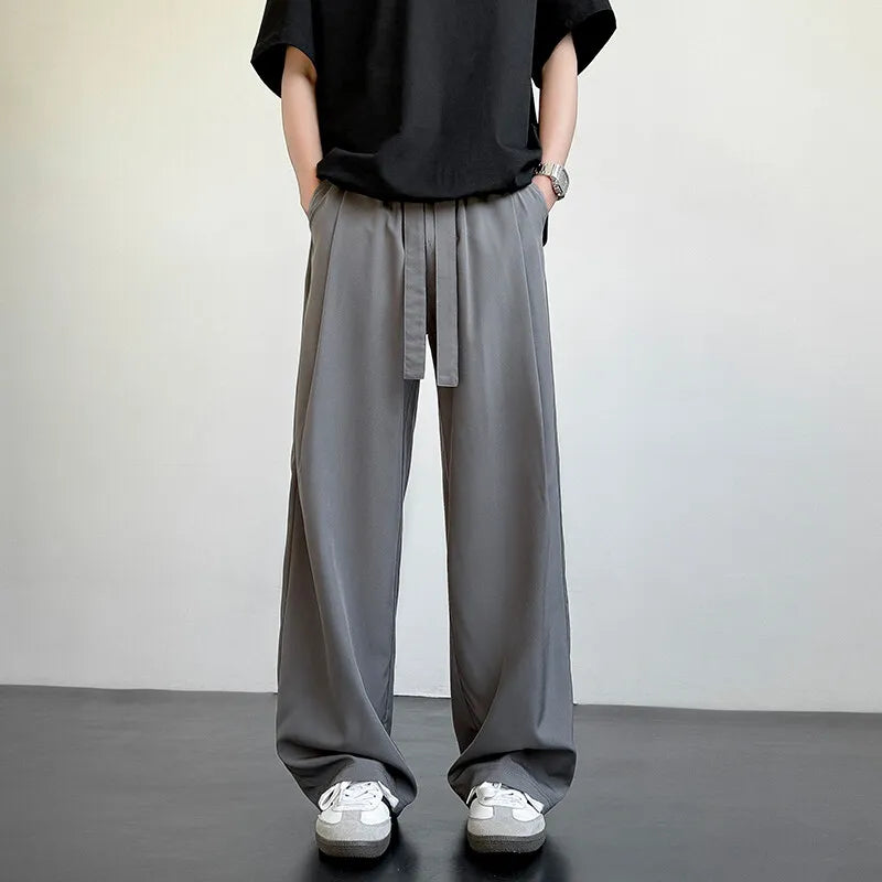 Men's Casual Straight Long Loose Pants Stretch Elastic Waist Jogger Korean Classic Blue Black Gray Male Brand Trousers Plus Size