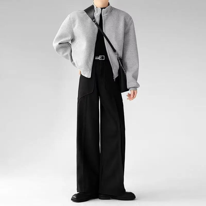 Korean Elegant Pants Fake Pocket Decoration Wide-leg Pants Autumn New American Style Design Sense Spliced Straight Suit Trousers