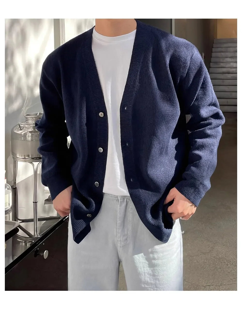 Fashionable V-Neck Knitwear Men's Loose Fit Solid Color Autumn New Style Casual Versatile Open Cardigan Sweater Jacket