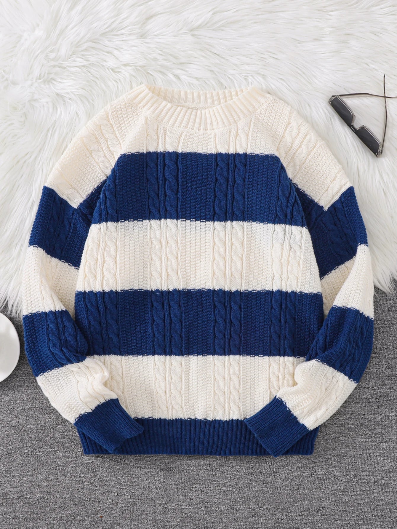 Autumn and Winter Striped Crew Neck Hemp Straw Style Casual Couple Sweater Versatile Trendy Men's Long-Sleeve Sweater Top
